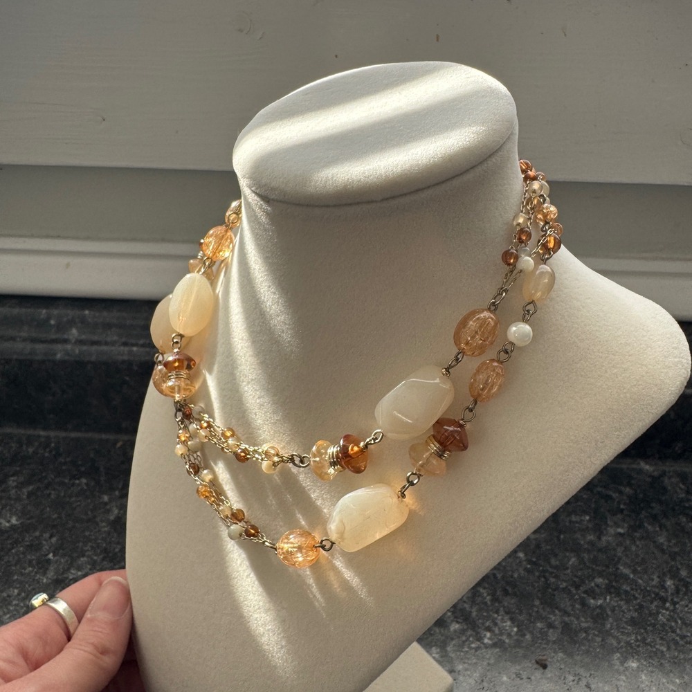 Layered Beaded Necklace Gold Tone Amber Cream Accent Stones